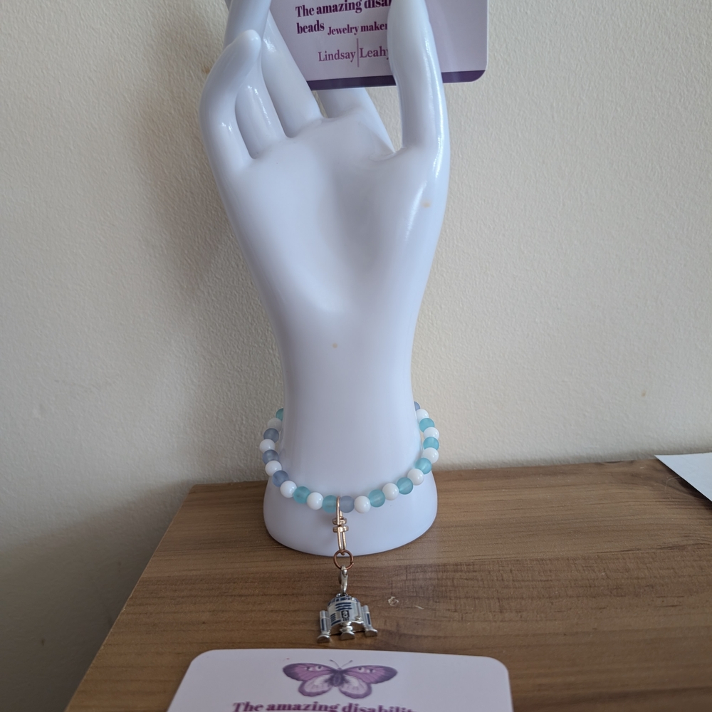 Beaded Bracelet with Charm - Blue and White